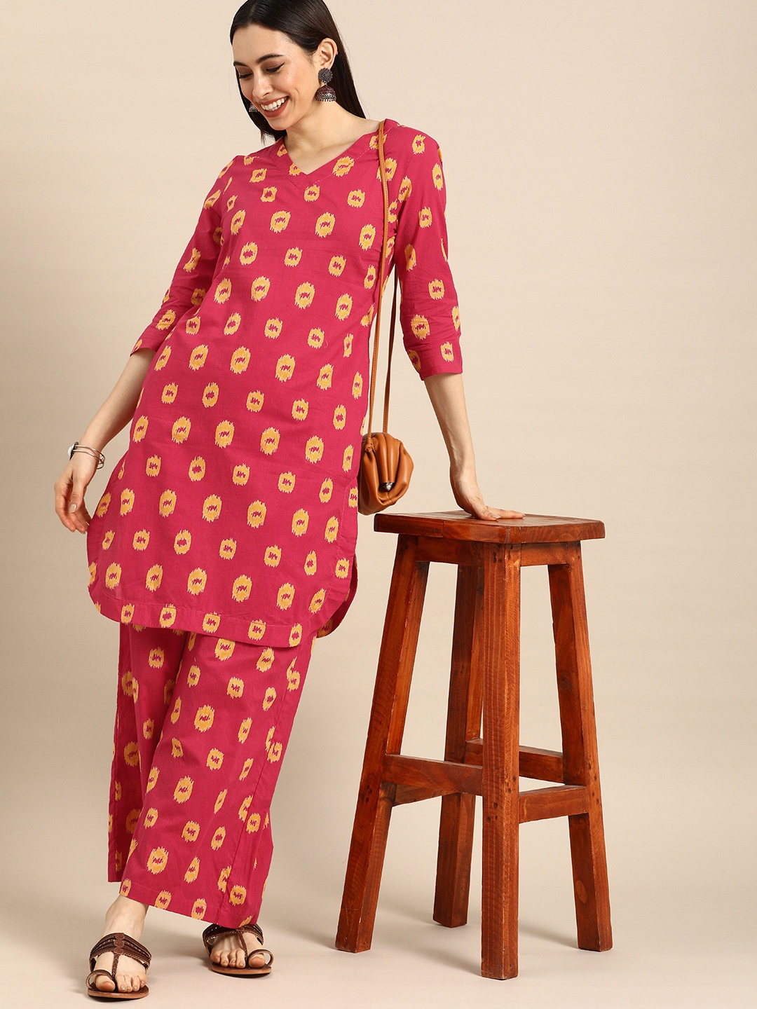 

Anouk Women Pink & Yellow Printed Pure Cotton Empire Kurta with Palazzos