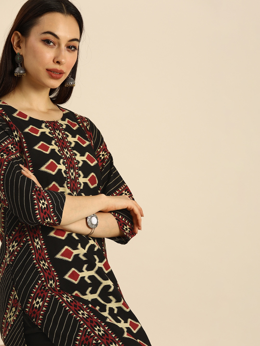 

Anouk Women Black Printed Pure Cotton Kurta with Trousers
