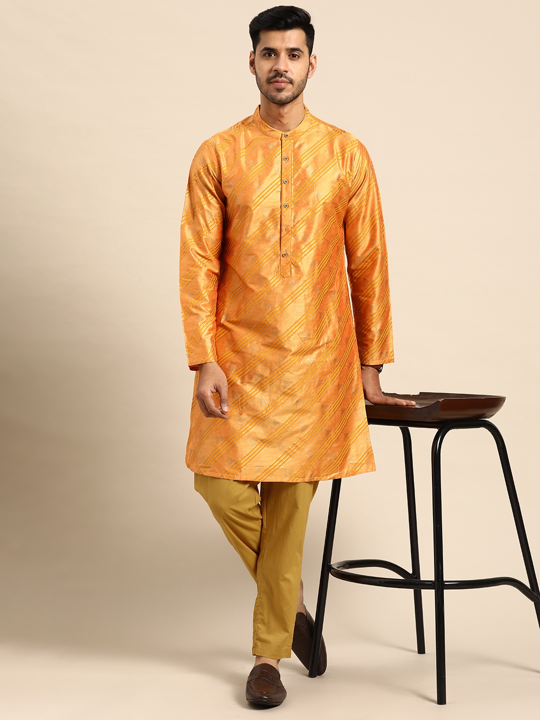 

Anouk Men Yellow & Golden Striped Regular Kurta with Trousers