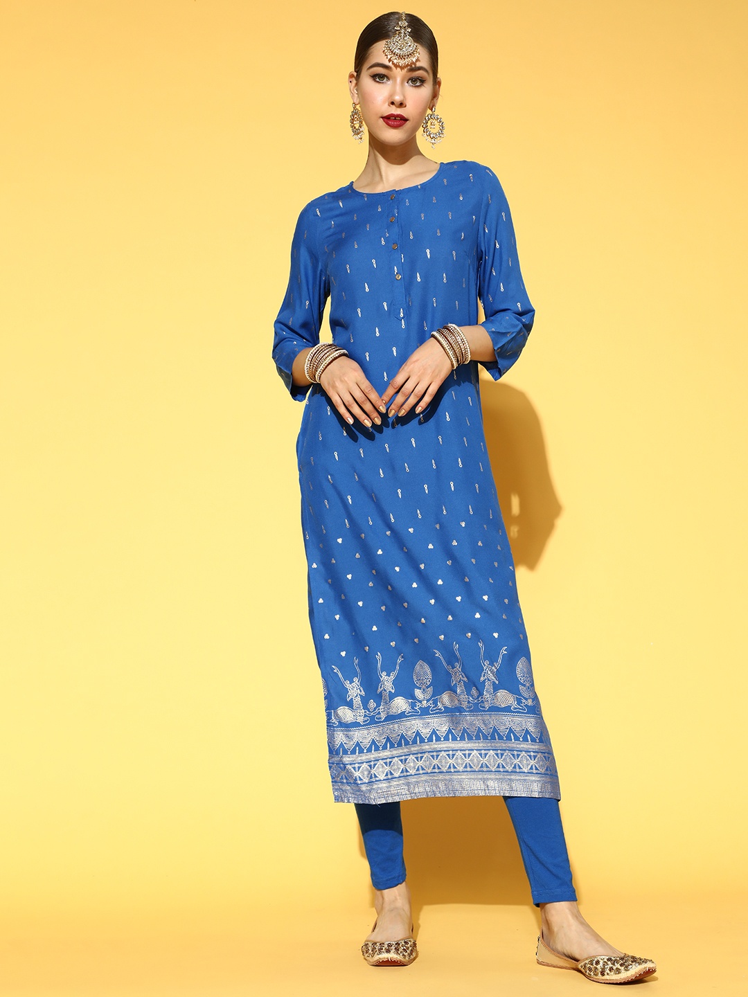 

Anouk Women Blue & Golden Ethnic Motifs Printed Regular Kurta with Churidar