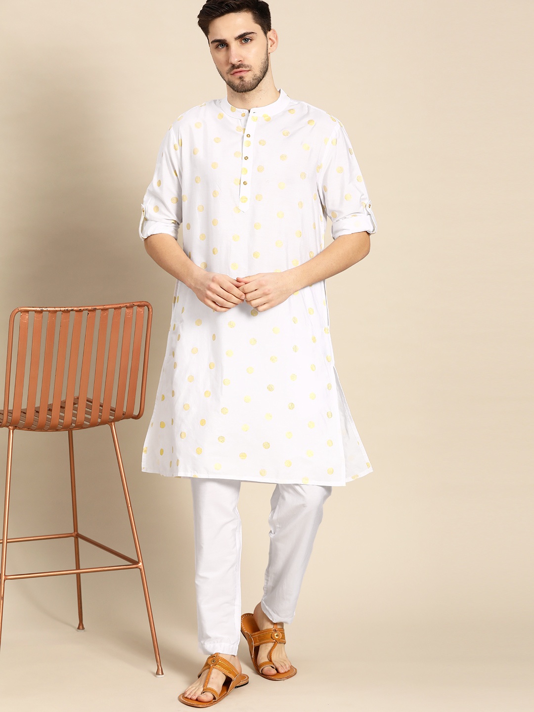 

Anouk Men White & Golden Printed Regular Kurta with Pyjamas