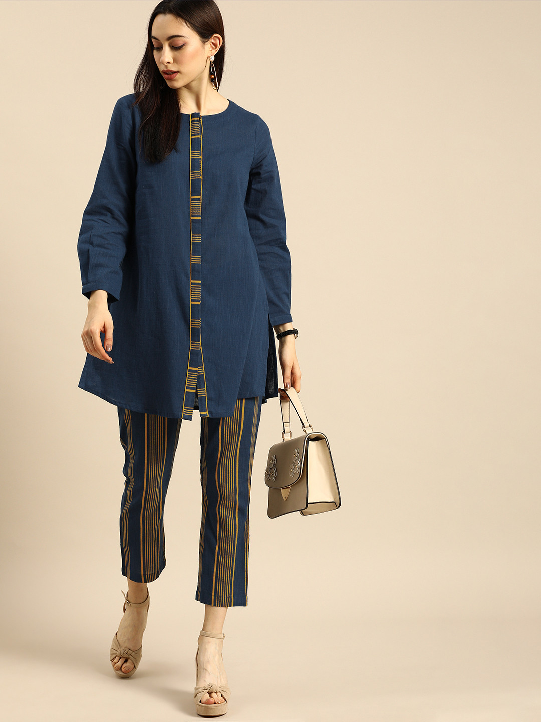 

Anouk Women Navy Blue Pure Cotton Kurti with Trousers