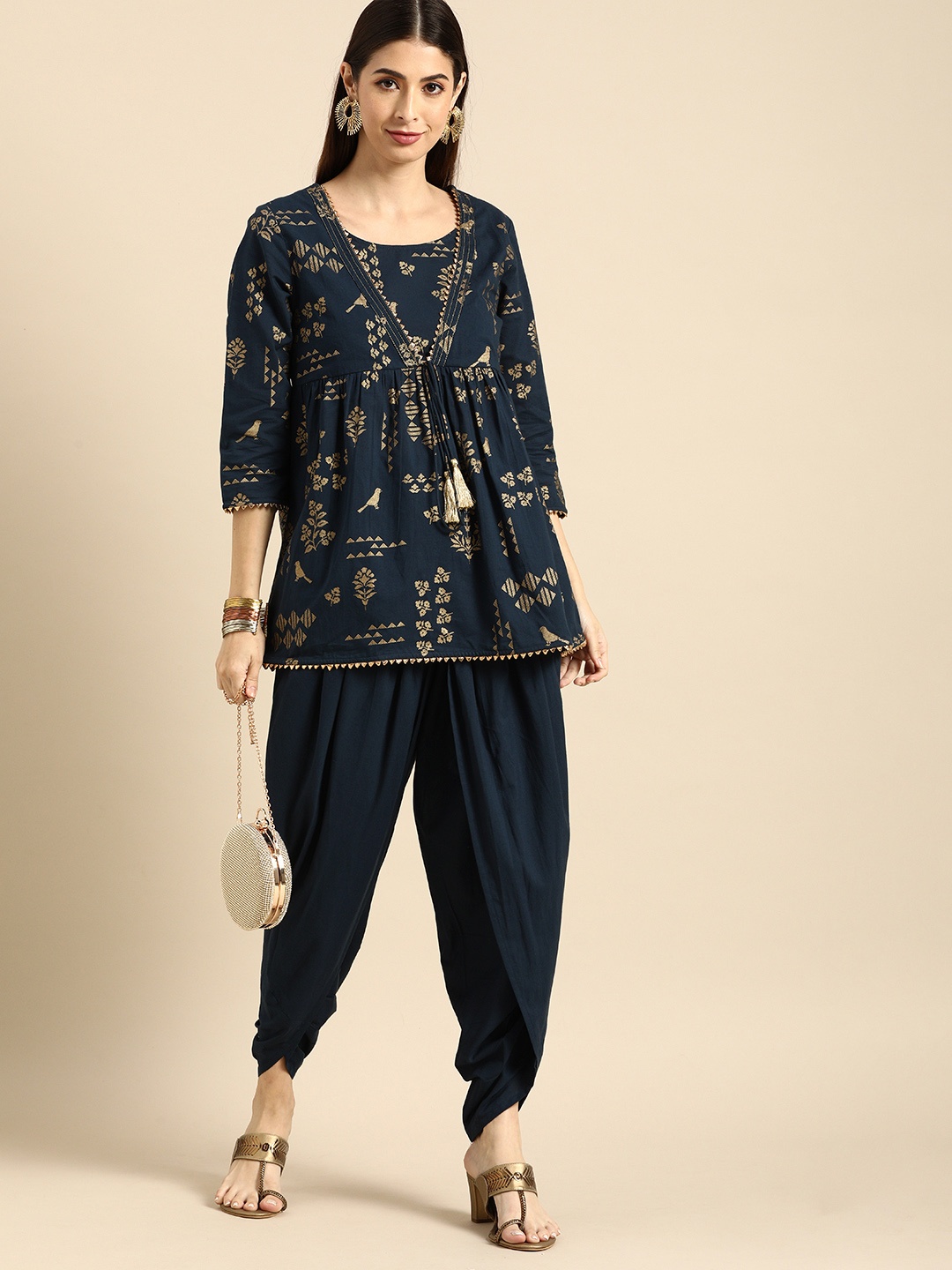 

Anouk Ethnic Motifs Pure Cotton Kurta Set, Navy blue