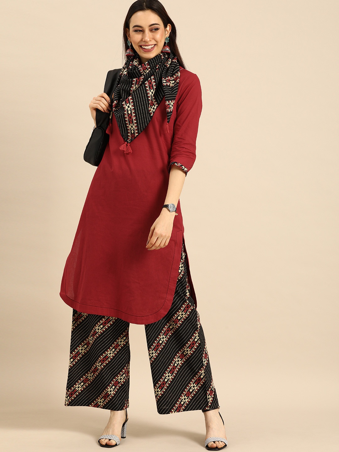 

Anouk Women Maroon Pure Cotton Kurta with Palazzos & With Scarf