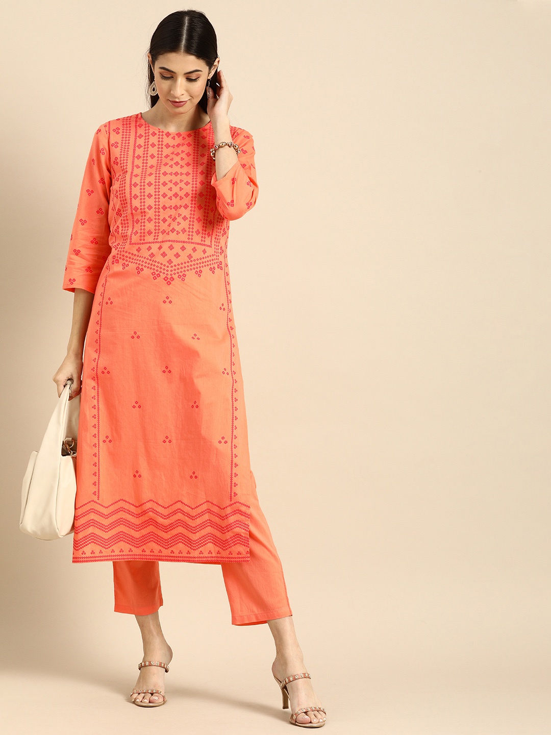 

Anouk Orange Printed Regular Pure Cotton Kurta with Palazzos