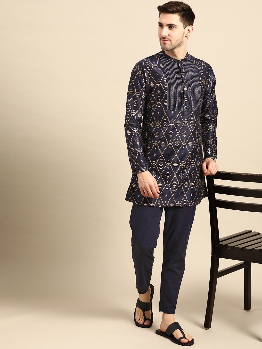 

Anouk Men Navy Blue & Golden Ethnic Motifs Printed Straight Kurta with Trousers