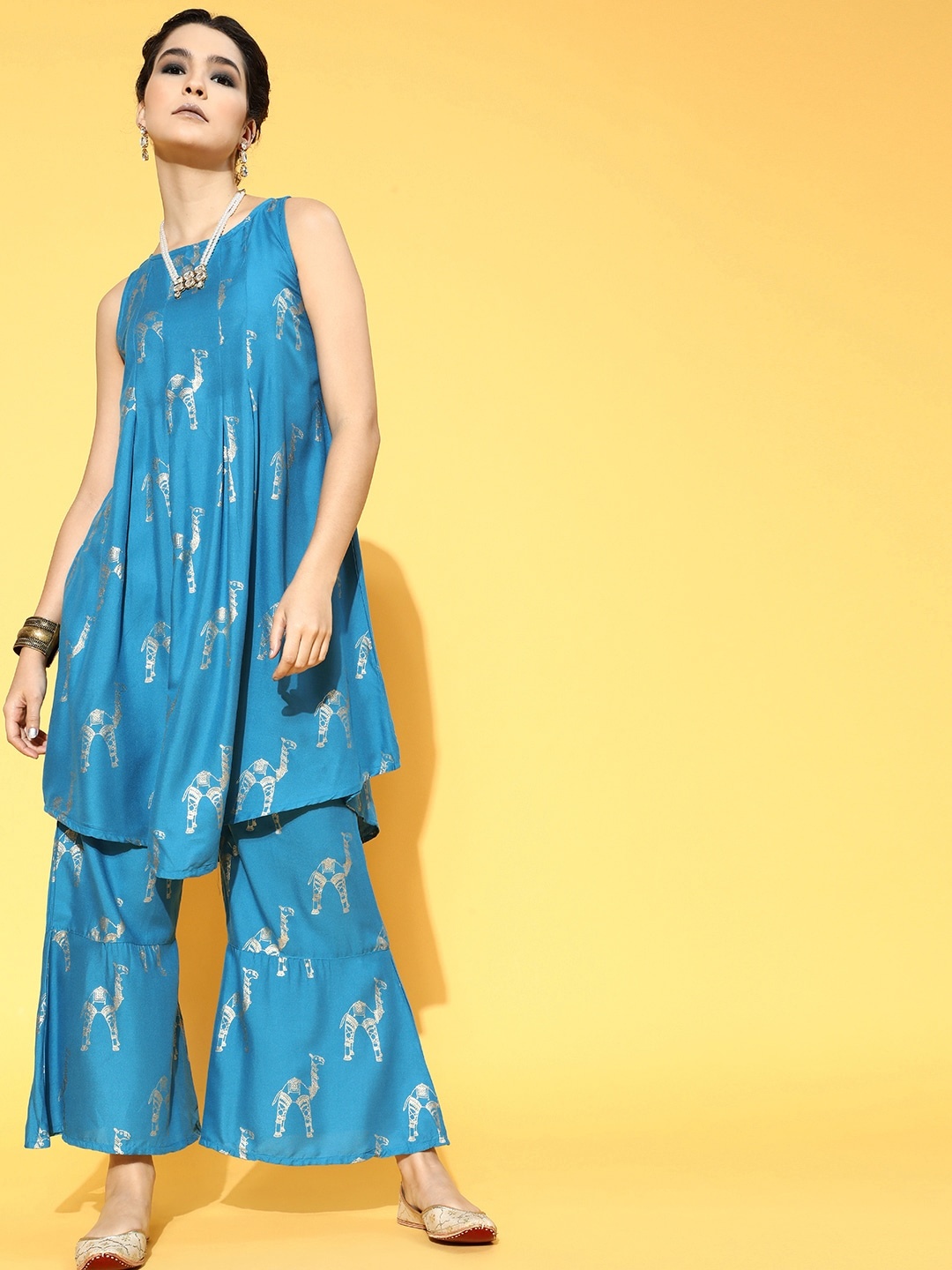 

Anouk Women Blue & Golden Ethnic Print Kurta Set