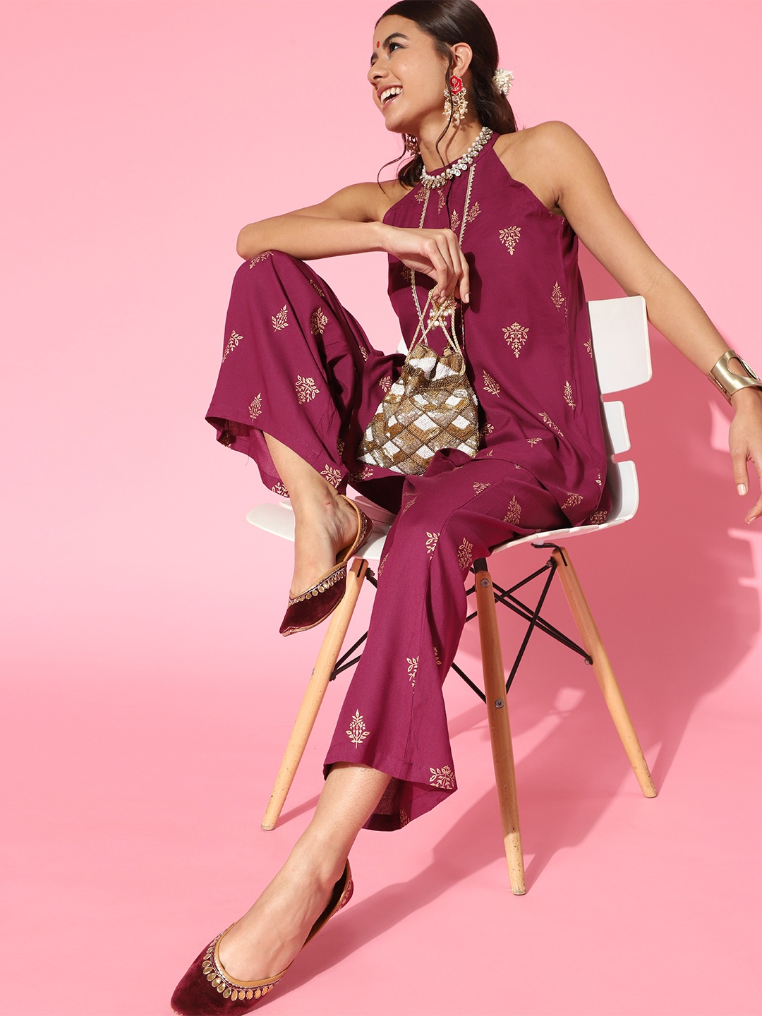 

Anouk Women Burgundy Ethnic Motifs Printed Regular Kurti with Palazzos