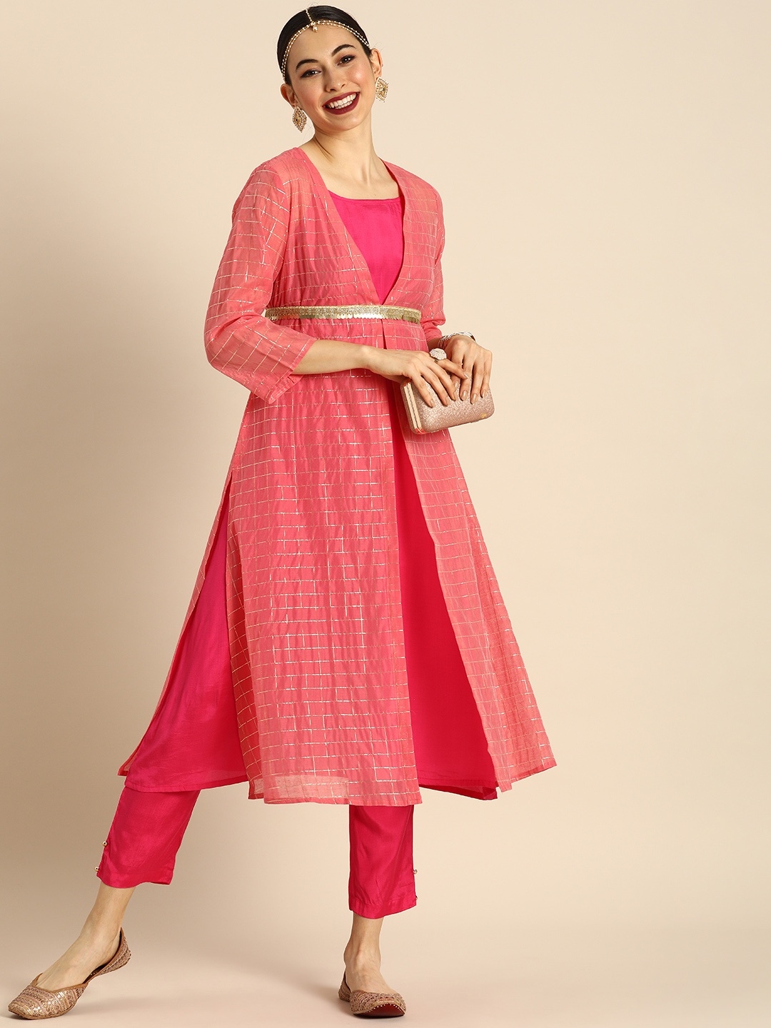 

Anouk Solid Polyester Kurta Set, Pink