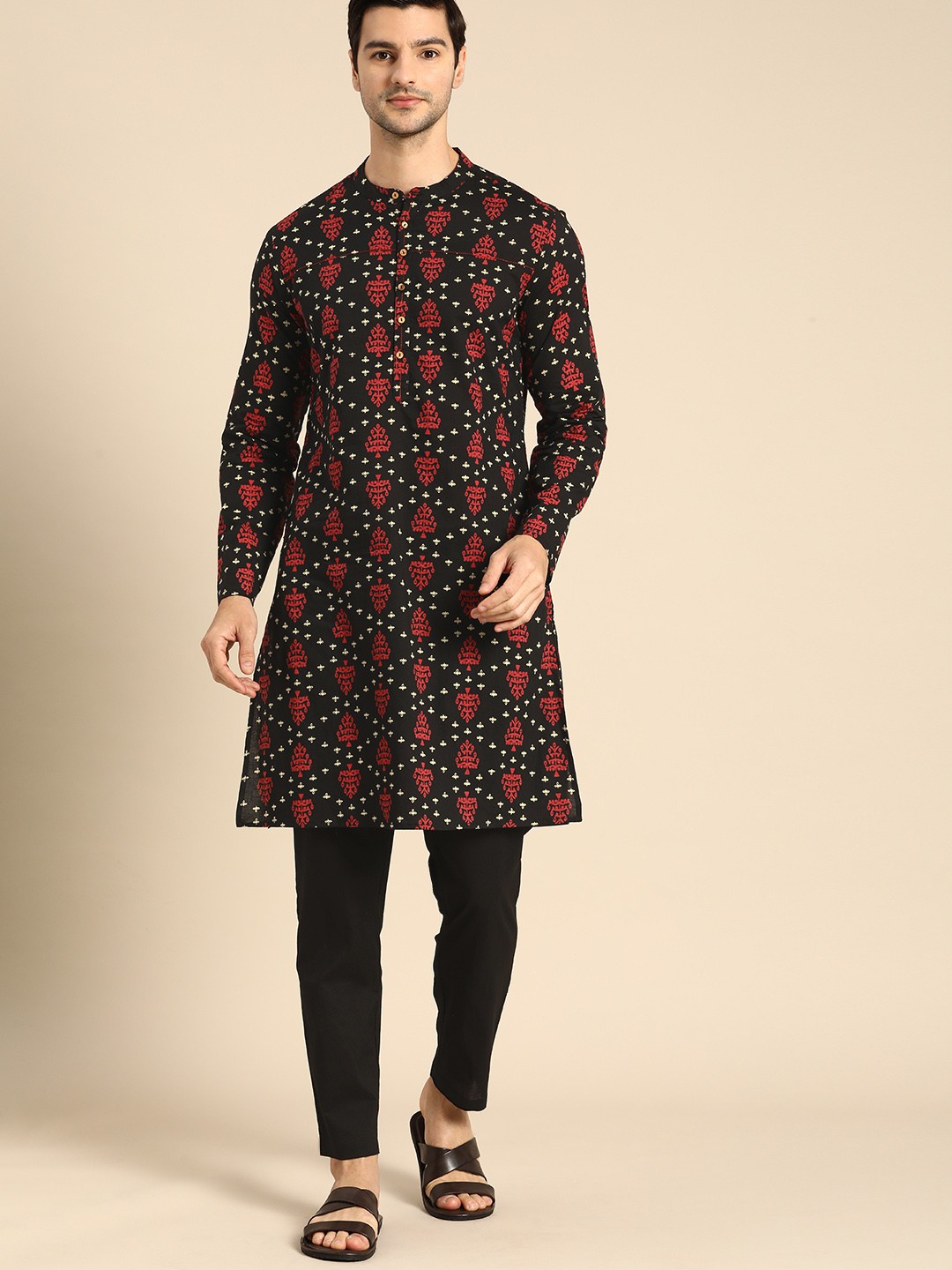 

Anouk Men Black & Red Printed Pure Cotton Kurta with Trousers