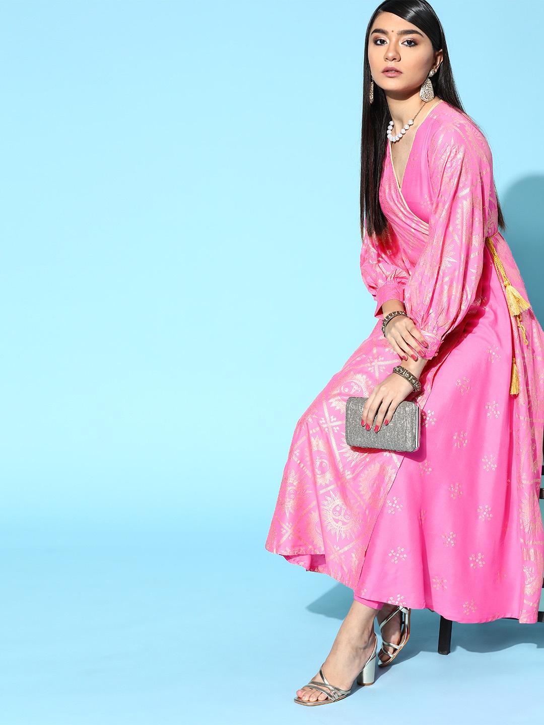 

Anouk Women Pink Ethnic Motifs Printed Angrakha Kurta with Trousers