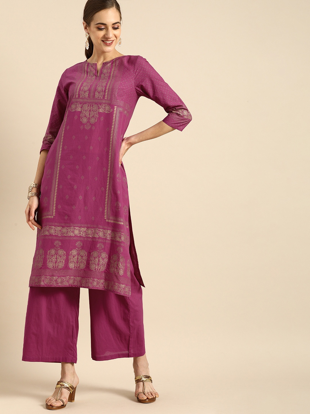 

Anouk Purple Floral Printed Regular Pure Cotton Kurta with Palazzos