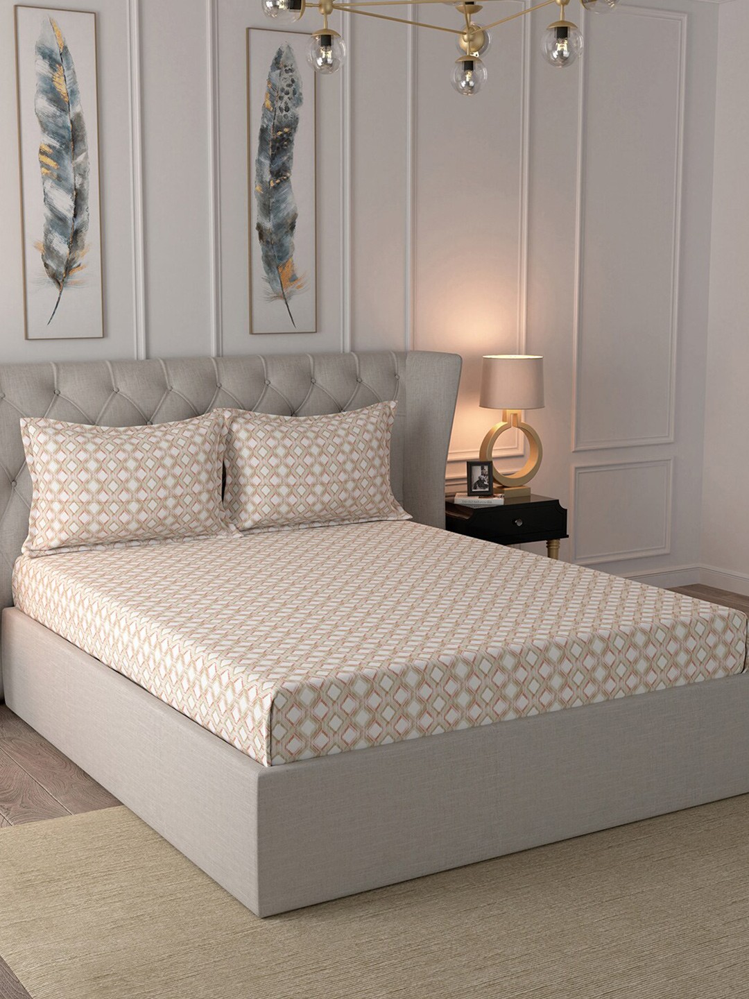 

MASPAR White & Red Geometric 210 TC Cotton 1 Queen Bedsheet with 2 Pillow Covers