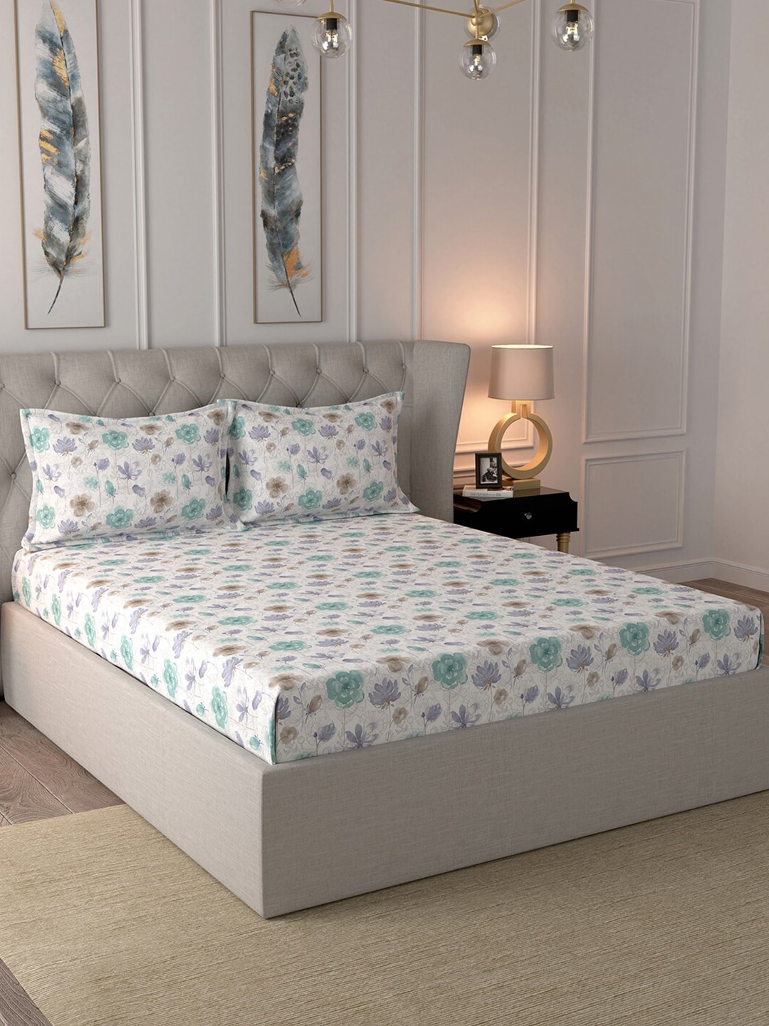 

In-House by maspar White & Blue Floral 144 TC Cotton 1 King Bedsheet with 2 Pillow Covers