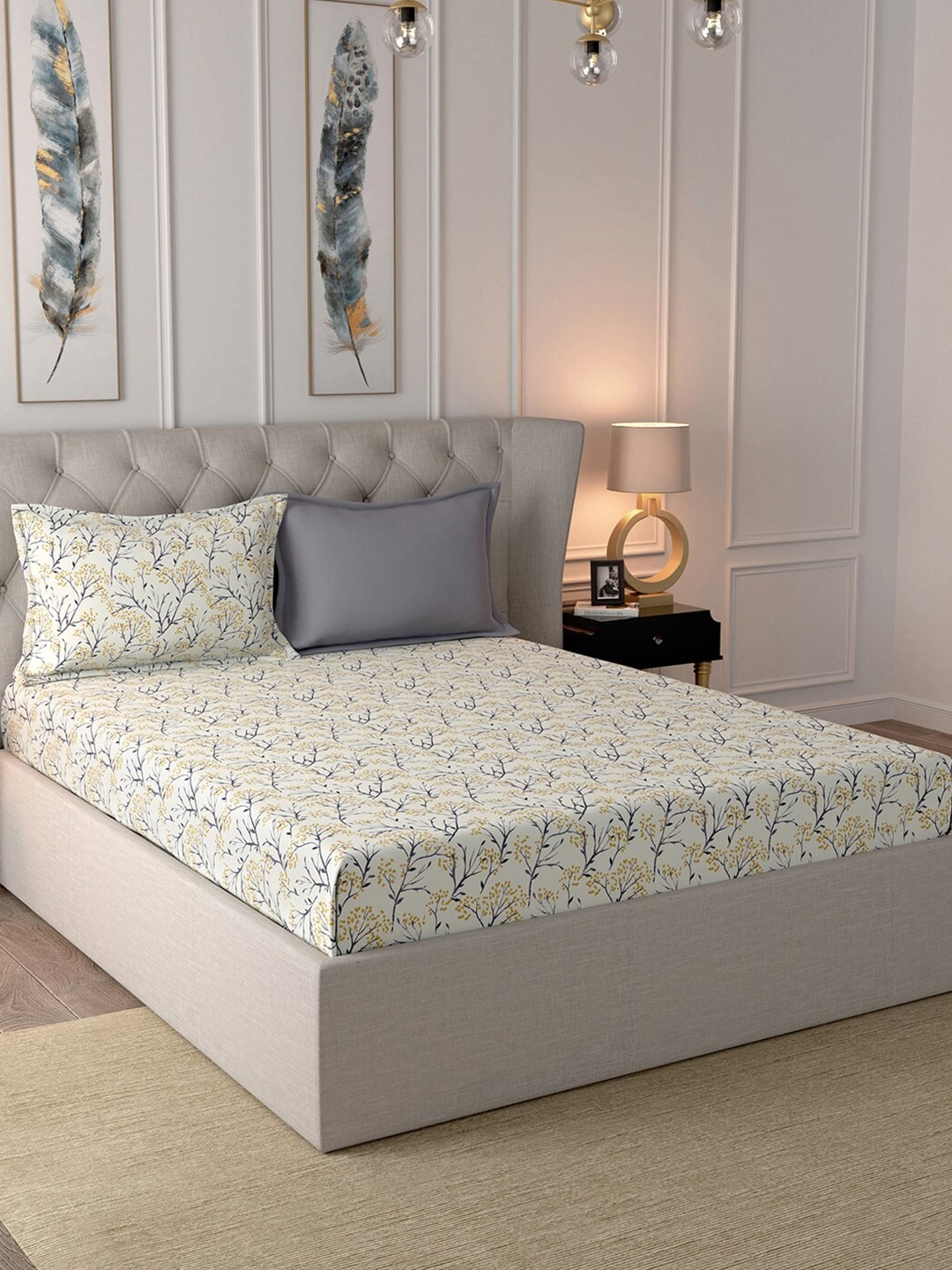 

In-House by maspar White & Yellow Floral 210 TC Cotton 1 King Bedsheet with 2 Pillow Covers