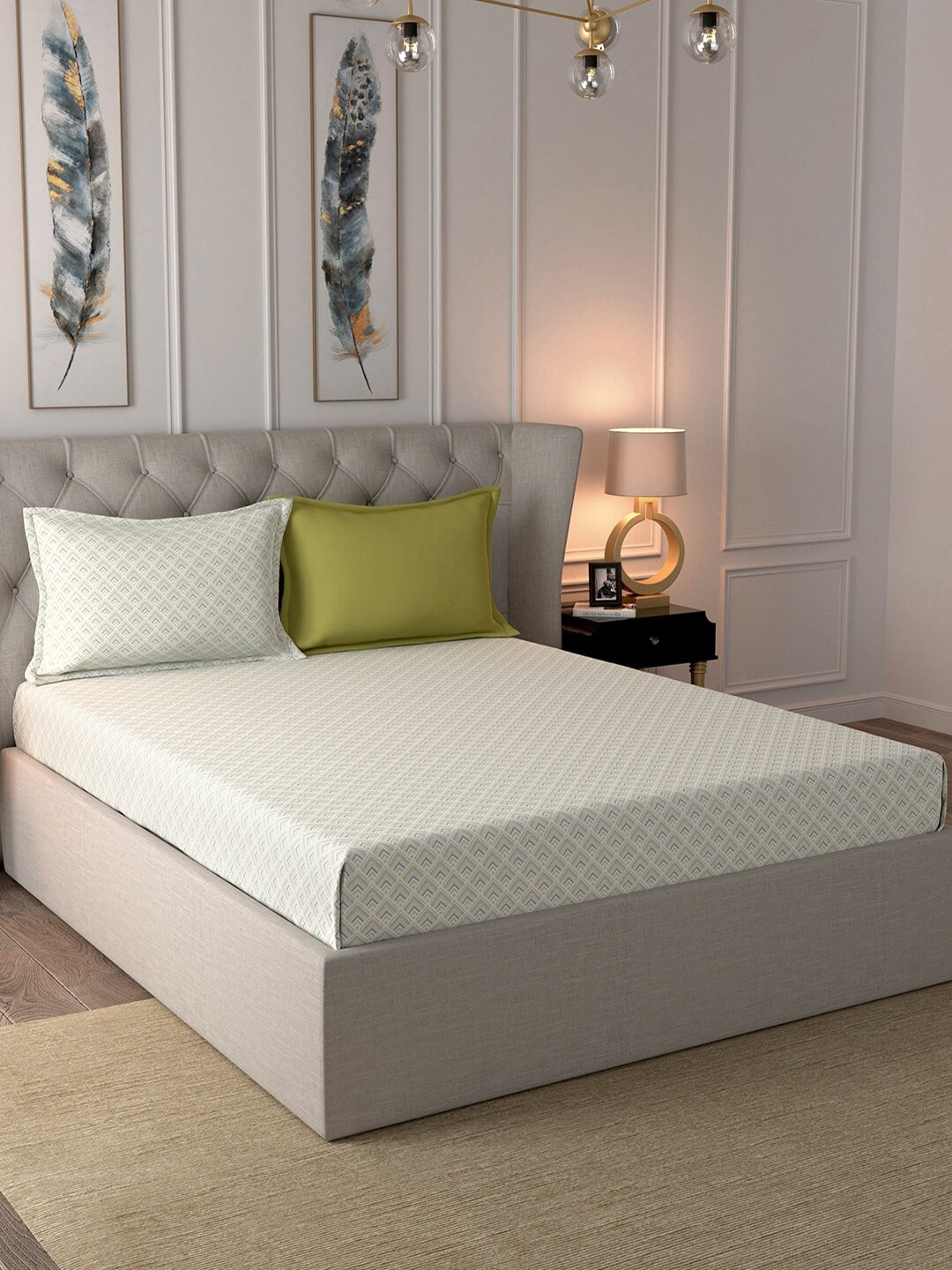 

In-House by maspar White & Green Geometric 210 TC Cotton 1 King Bedsheet with 2 Pillow Covers