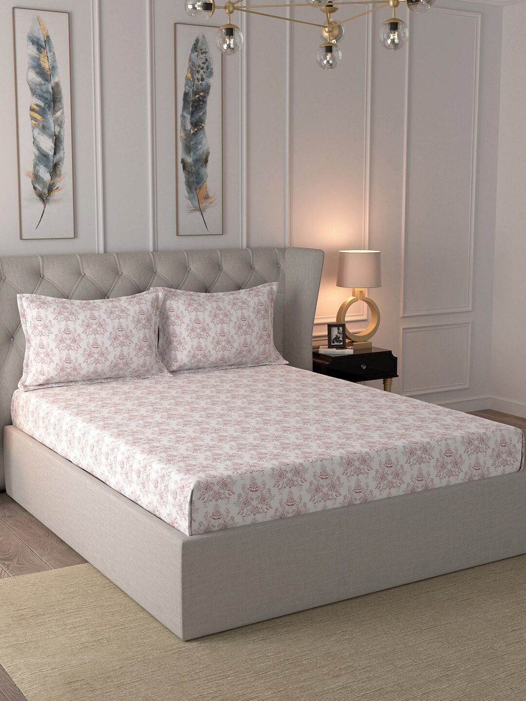 

MASPAR White & Red Floral 210 TC Cotton 1 Queen Bedsheet with 2 Pillow Covers