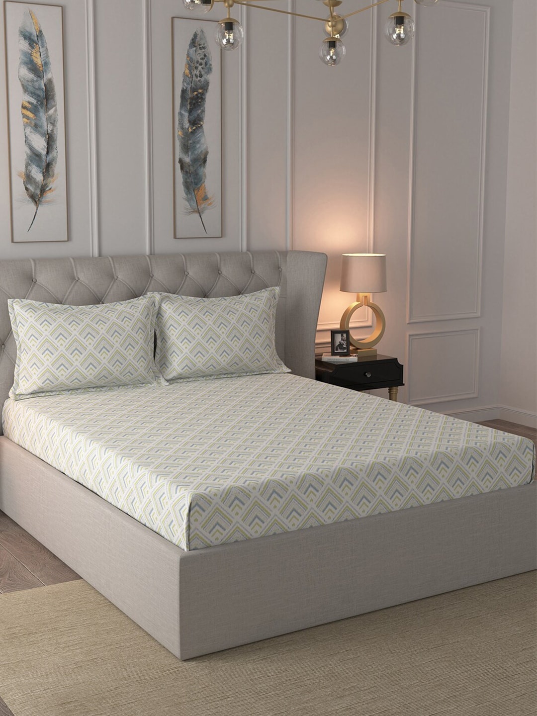 

MASPAR White & Beige Geometric 210 TC Cotton 1 Queen Bedsheet with 2 Pillow Covers
