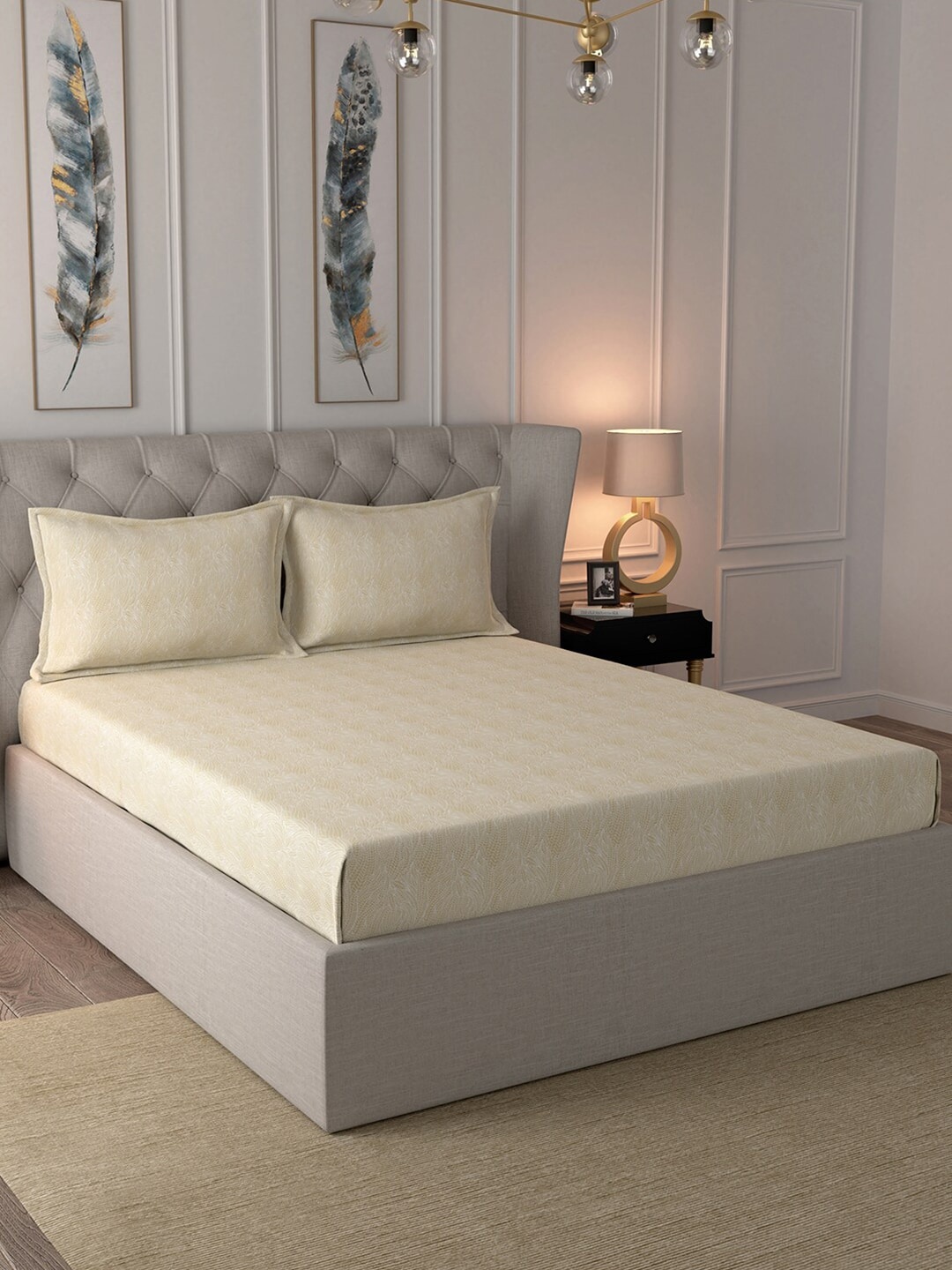 

In-House by maspar Beige & White Abstract 144 TC Cotton 1 King Bedsheet with 2 Pillow Covers