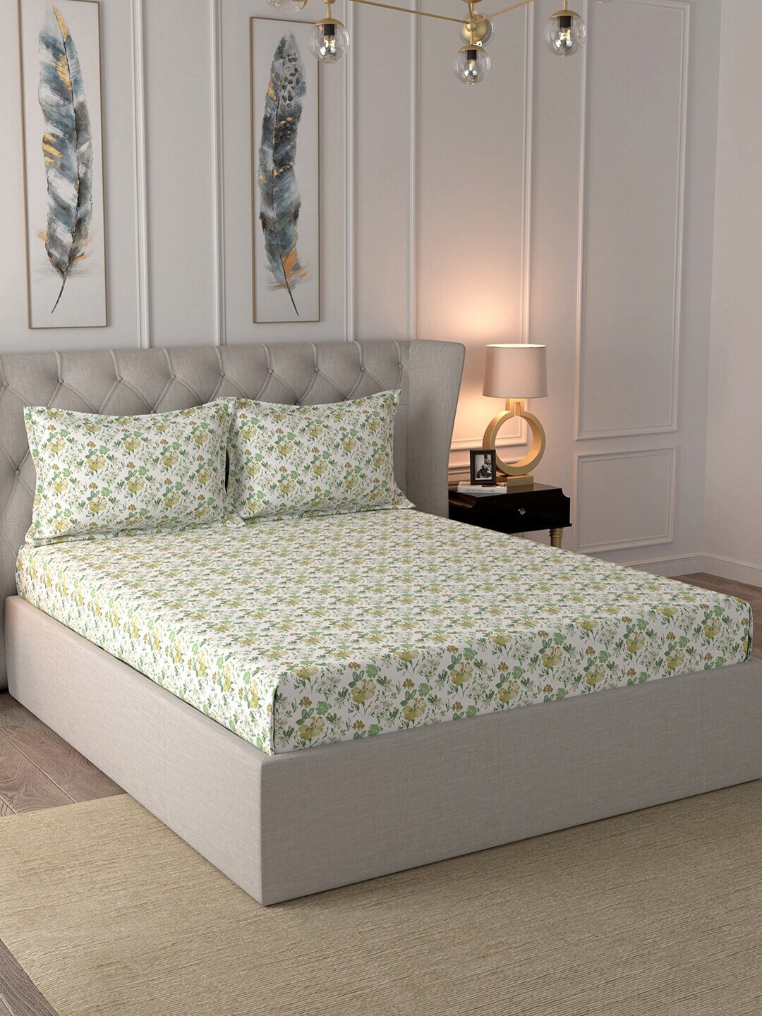 

In-House by maspar White & Green Floral 144 TC Cotton 1 King Bedsheet with 2 Pillow Covers