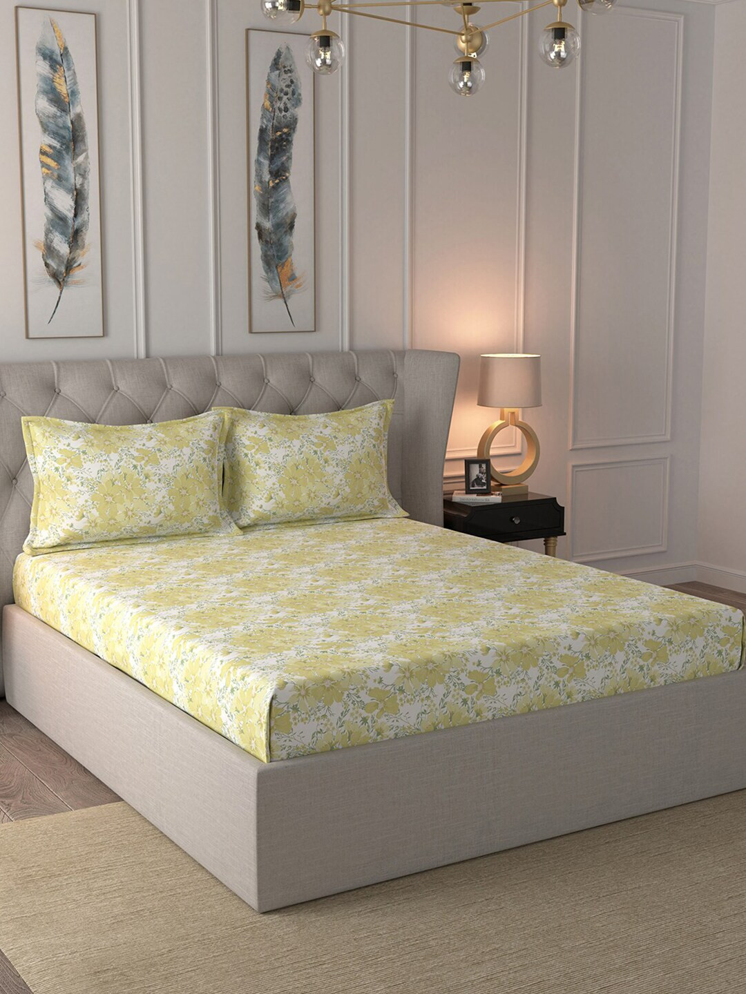 

MASPAR White & Yellow Floral 210 TC Cotton 1 Queen Bedsheet with 2 Pillow Covers