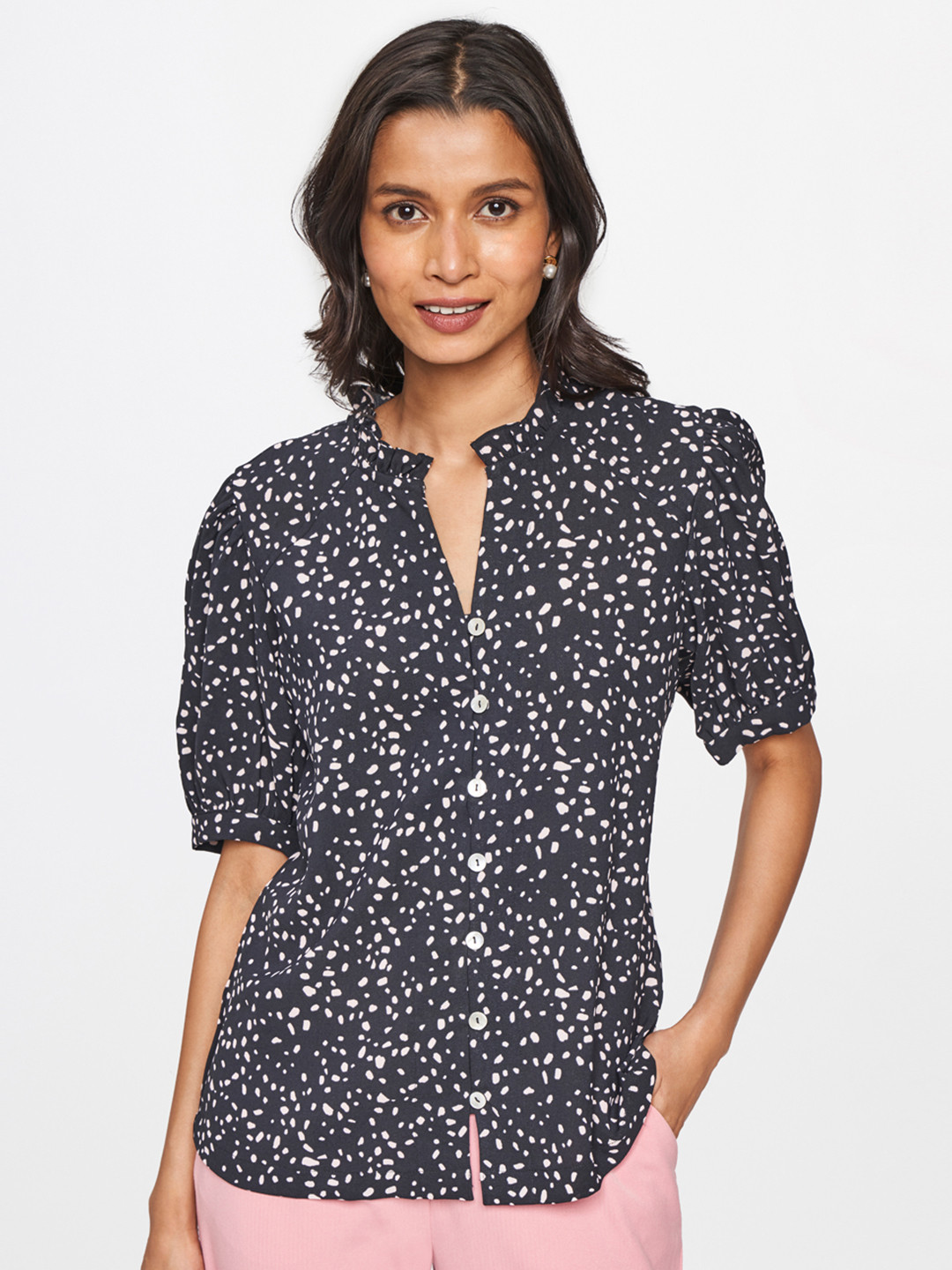 

AND Black & White Polka Dots Printed Shirt Style Top