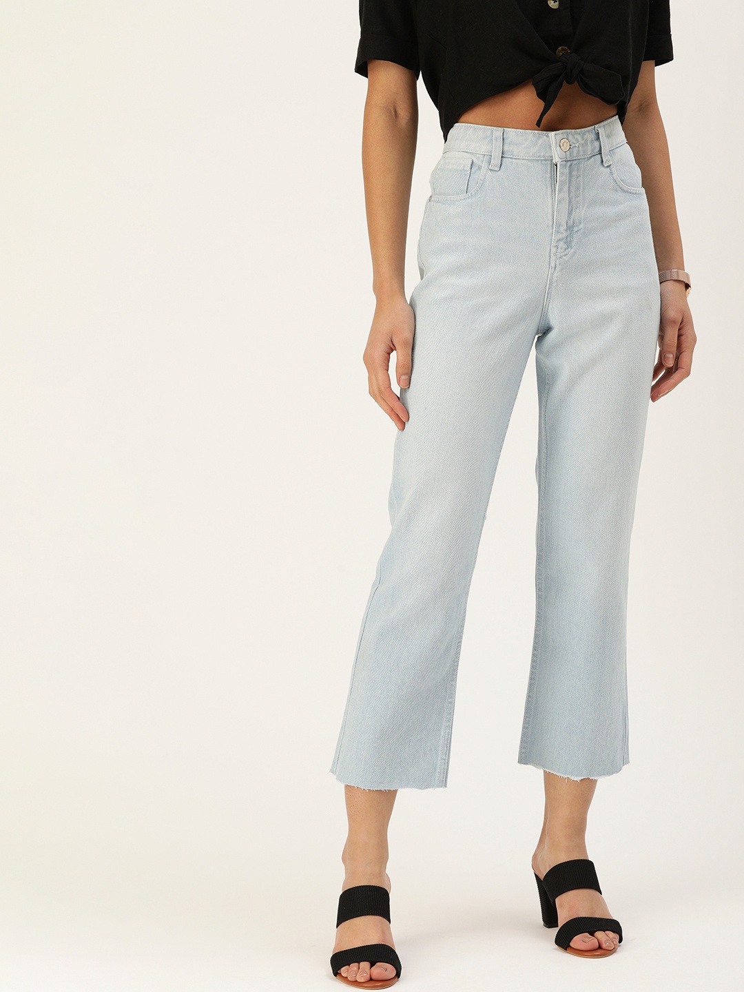 

AND Women Blue Solid Straight Fit High Rise Cropped Casual Trousers