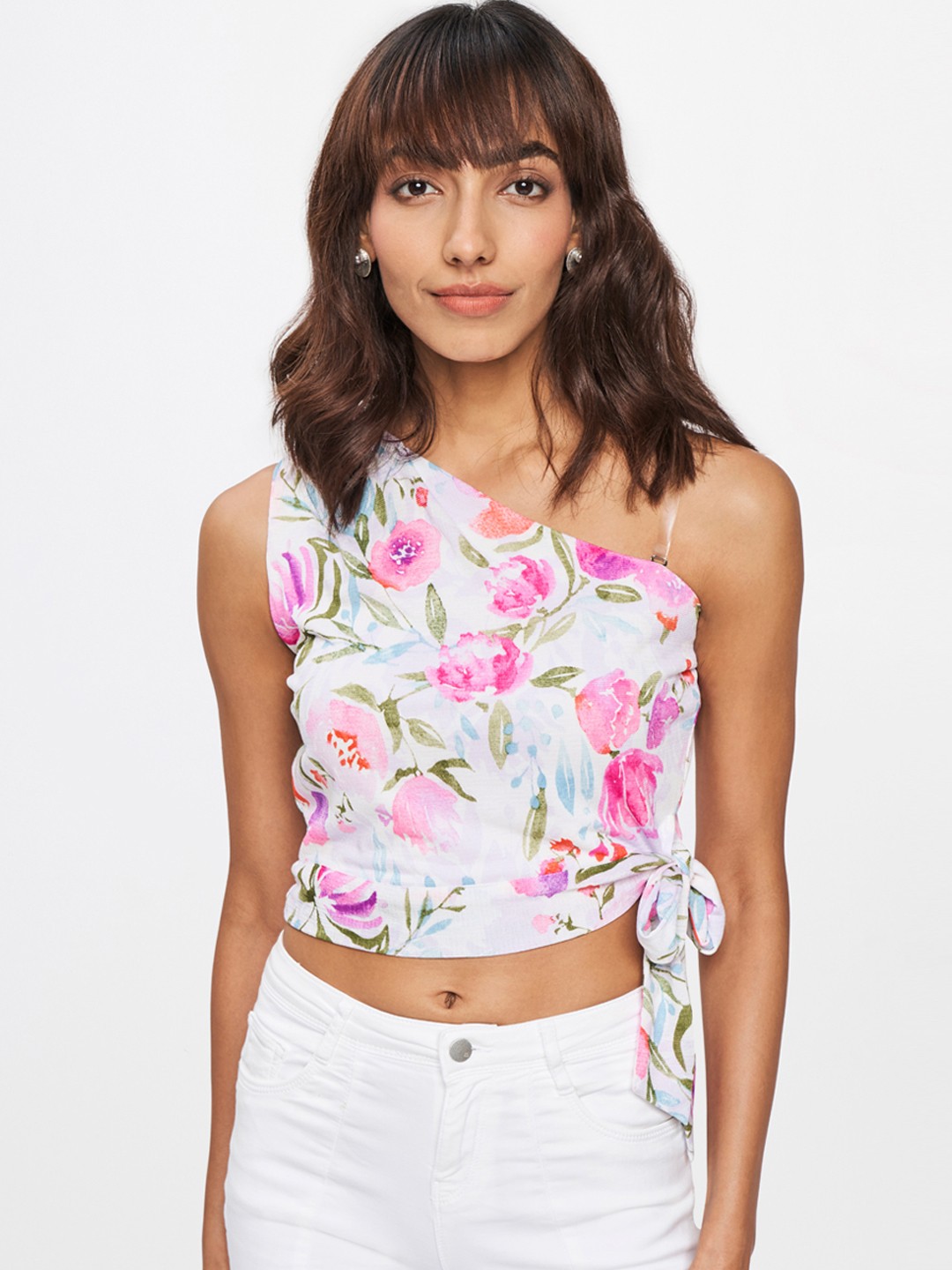 

AND White & Pink Floral One Shoulder Blouson Crop Top