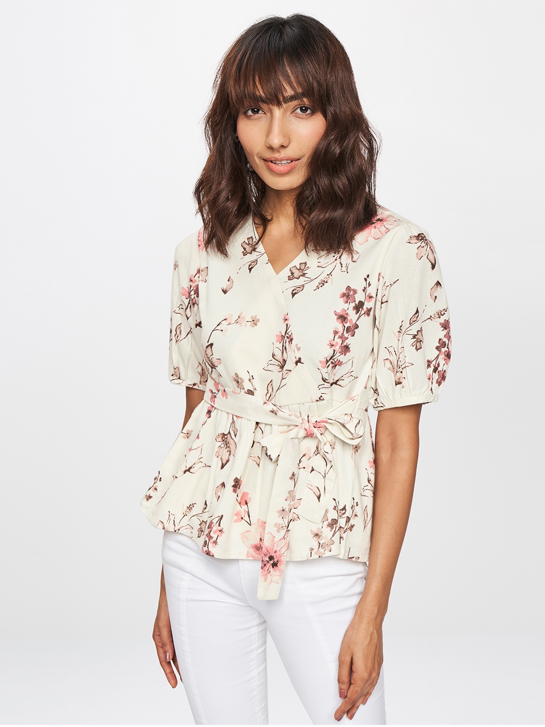 

AND White Floral Peplum Top with Waist Tie-up