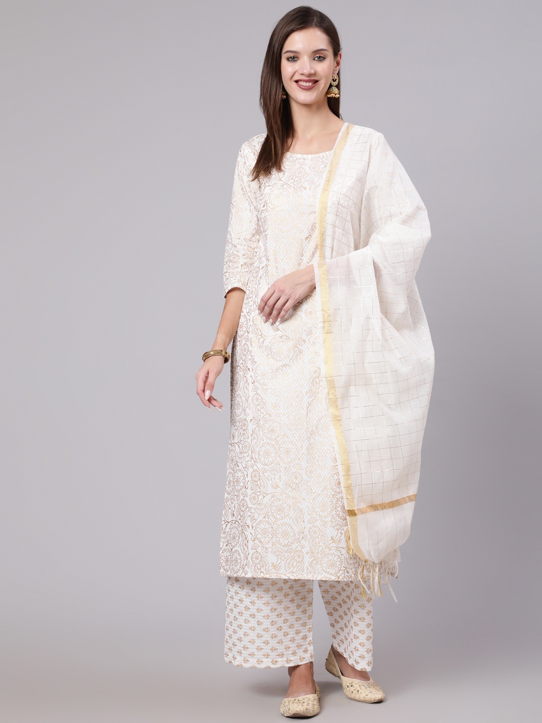 

Nayo Women Off-White Printed Straight Kurta With Plazzo & Dupatta