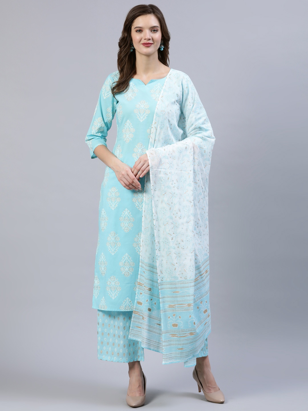 

Nayo Women Blue & Gold Printed Straight Kurta With Trouser & Dupatta