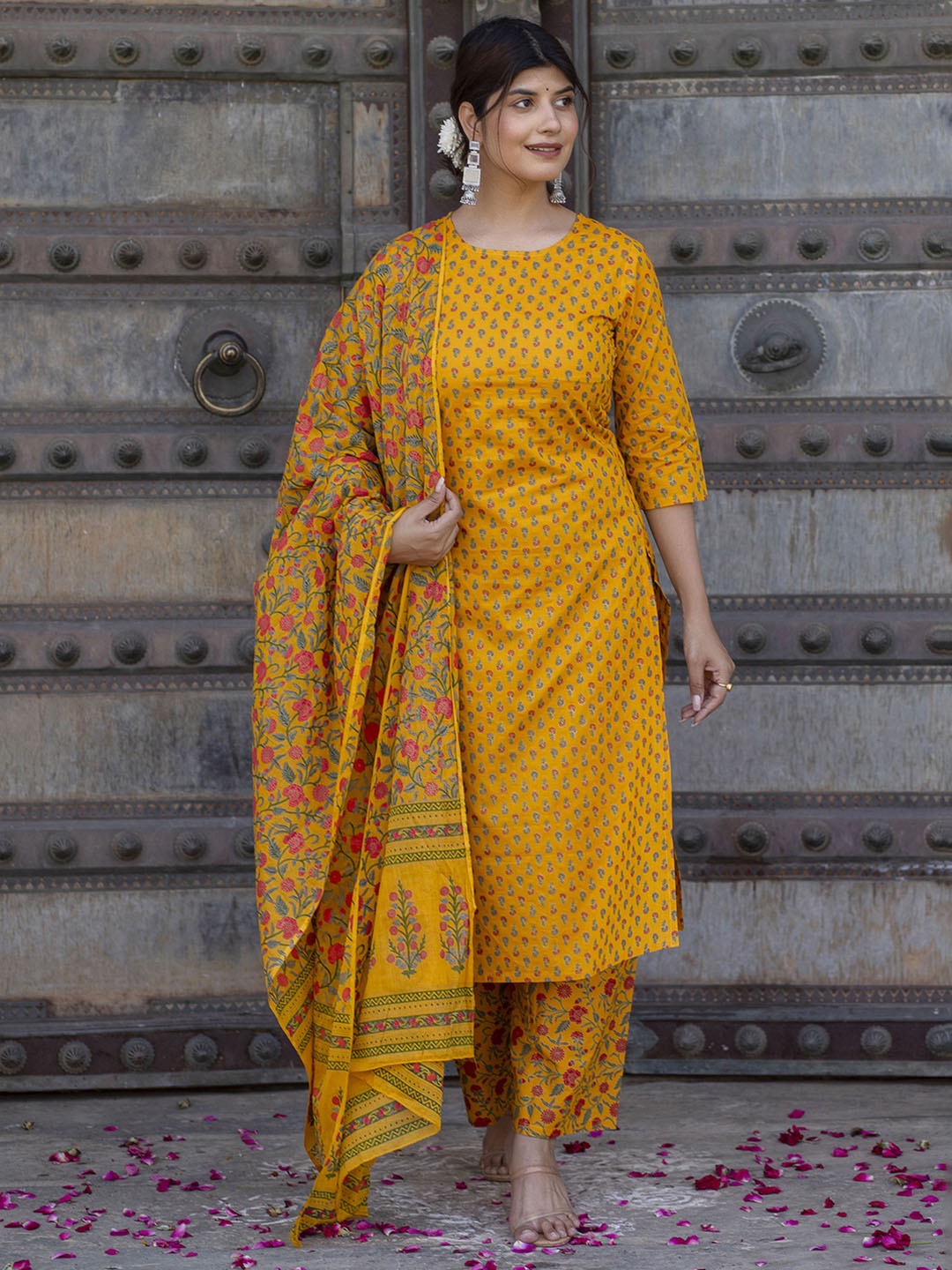 

Nayo Women Mustard Printed Straight Kurta With Plazzo & Dupatta