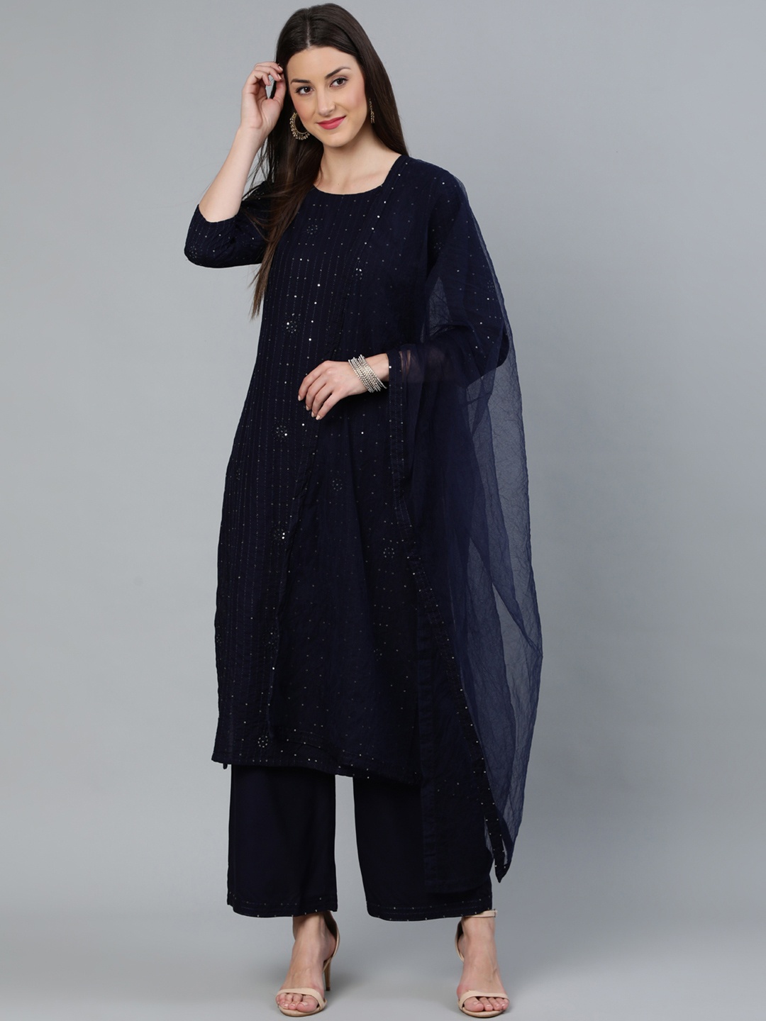 

Nayo Women Navy Blue Sequence Embroidered Straight Kurta Plazzo With Net Dupatta