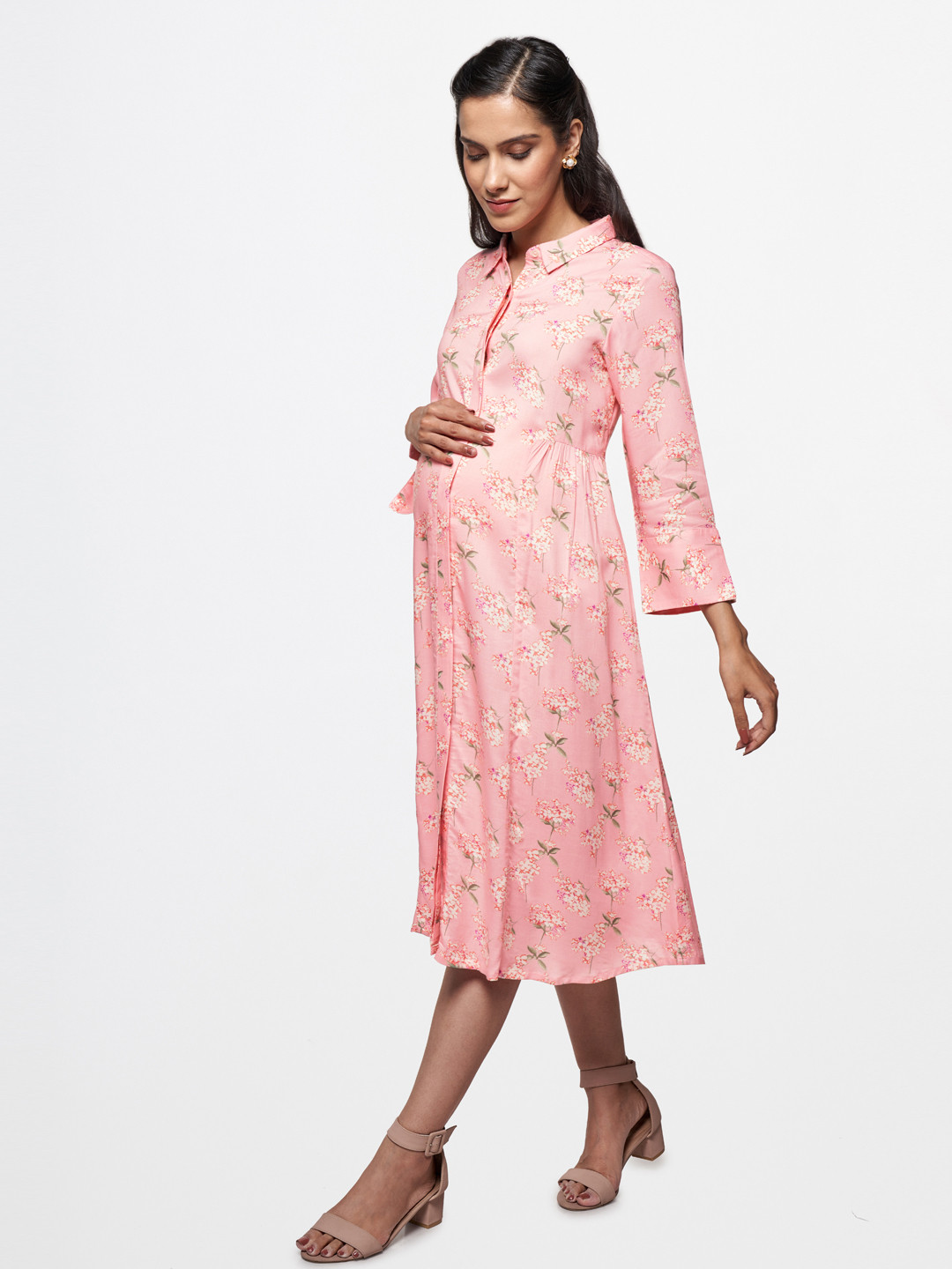 

AND Women Pink Floral Print A-Line Maternity Dress