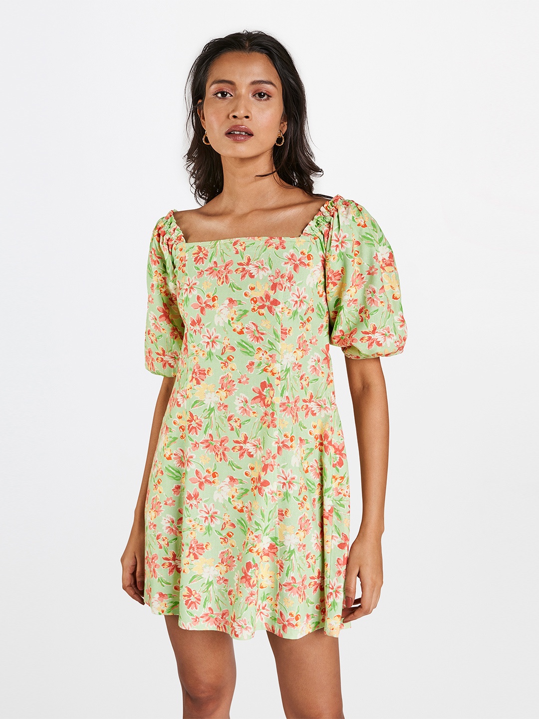 

AND Green & Pink Floral Print Puff Sleeves Smocked A-Line Mini Dress