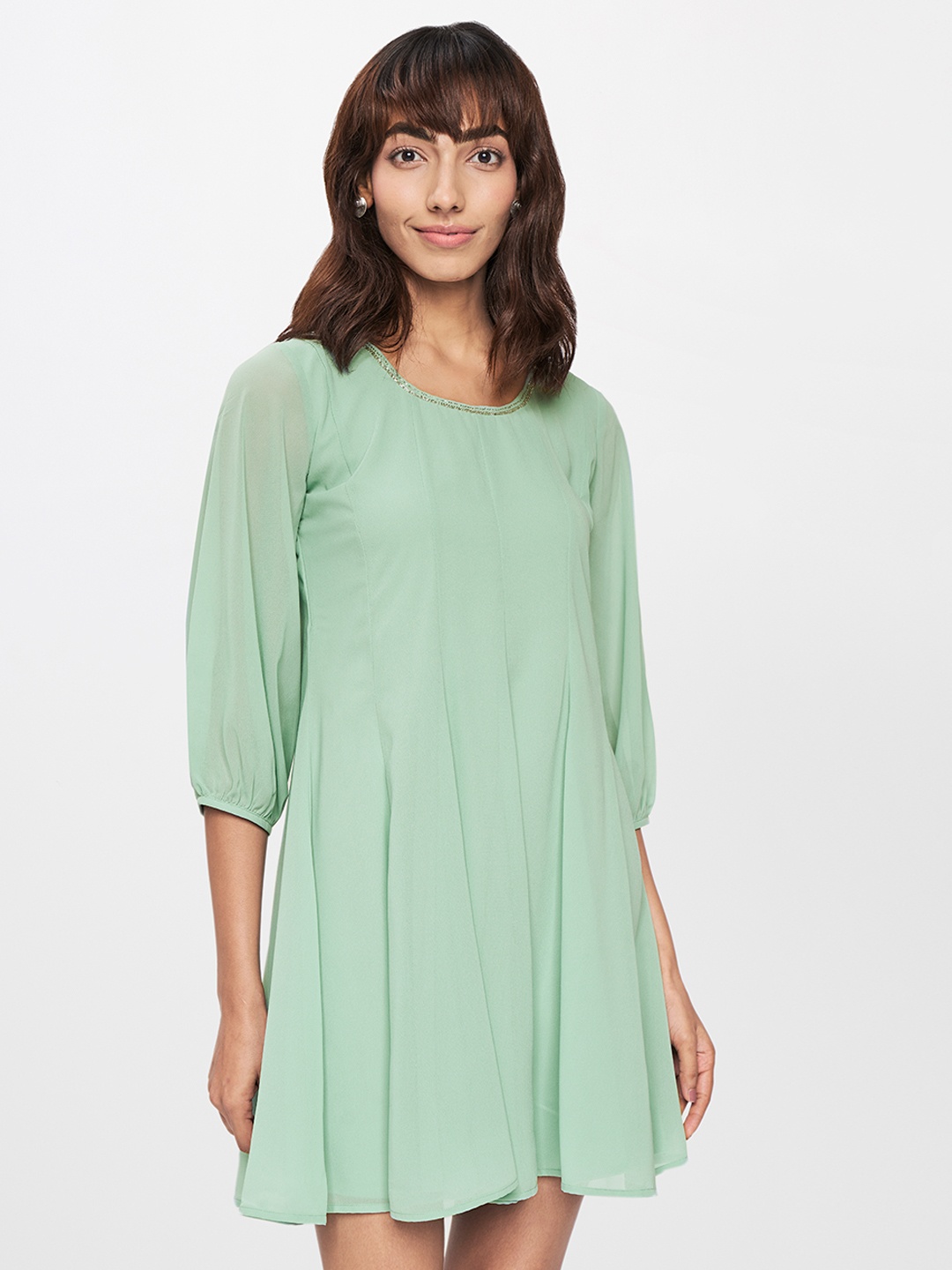 

AND Green Embellished Panelled A-Line Dress