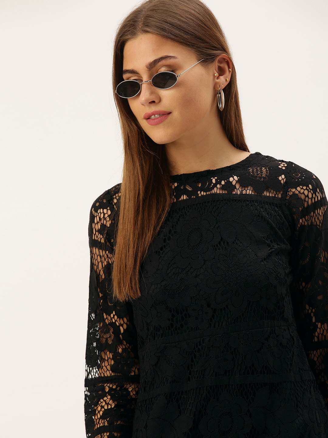 

AND Women Black Self-Design Lace A-Line Dress