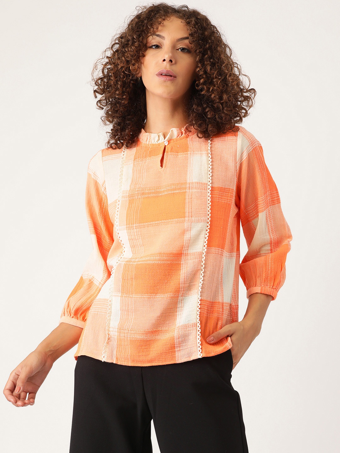 

AND Orange & Off White Checked Keyhole Neck Puff Sleeve Cotton Regular Top