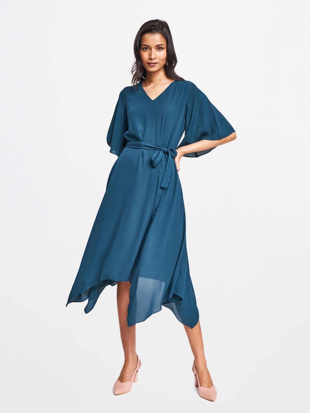 

AND Teal Midi Asymmetry Hem Dress