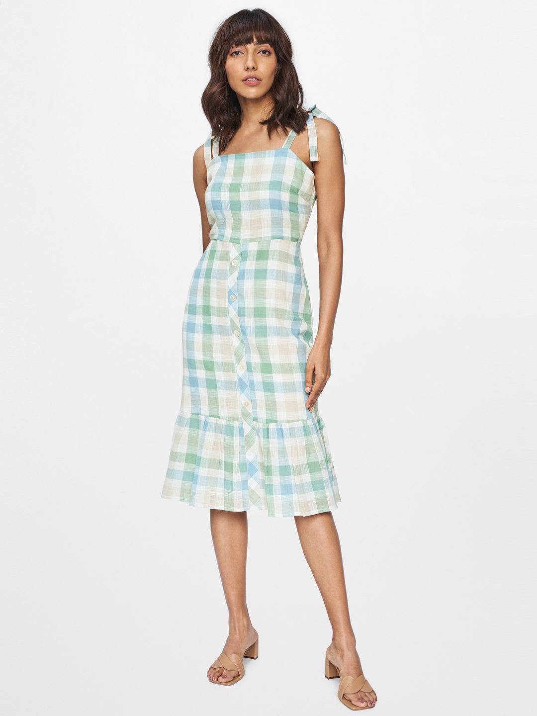 

AND Multicoloured Checked A-Line Midi Dress, Multi