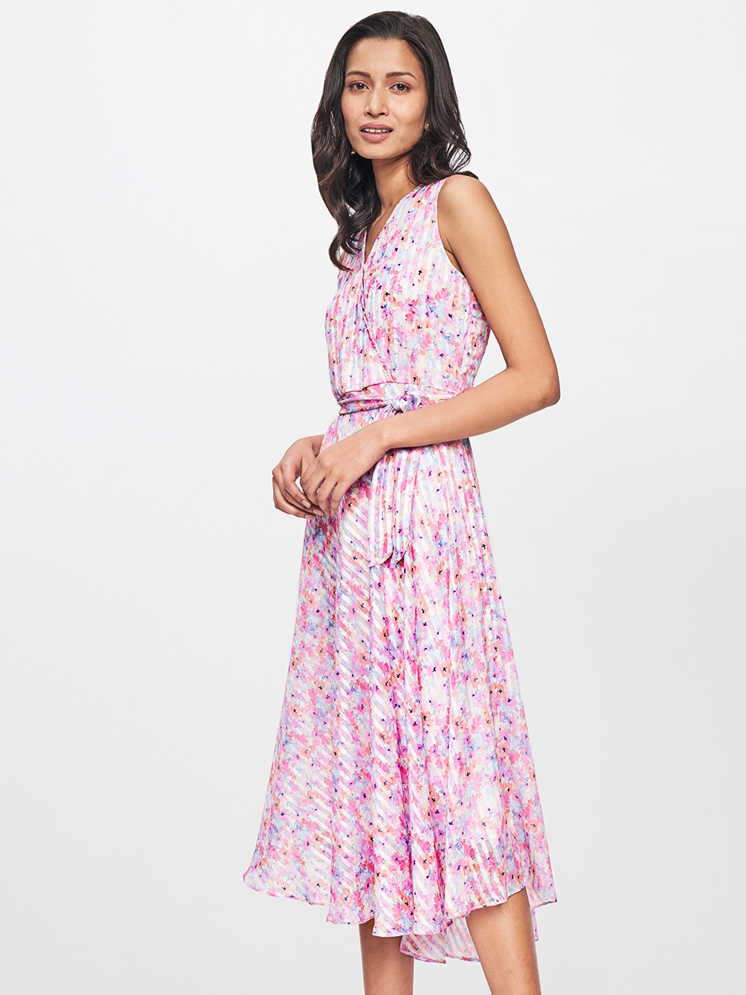 

AND Women Multicoloured Tie and Dye A-Line Midi Dress With A Belt, Multi