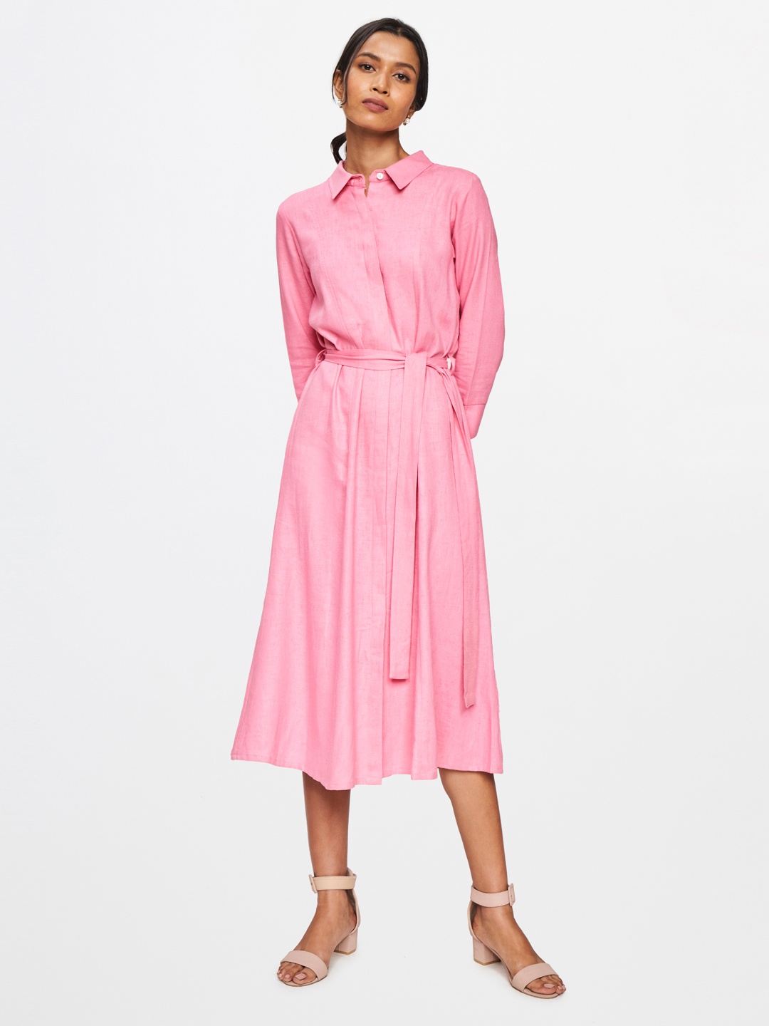 

AND Pink Solid Shirt Midi Formal Dress