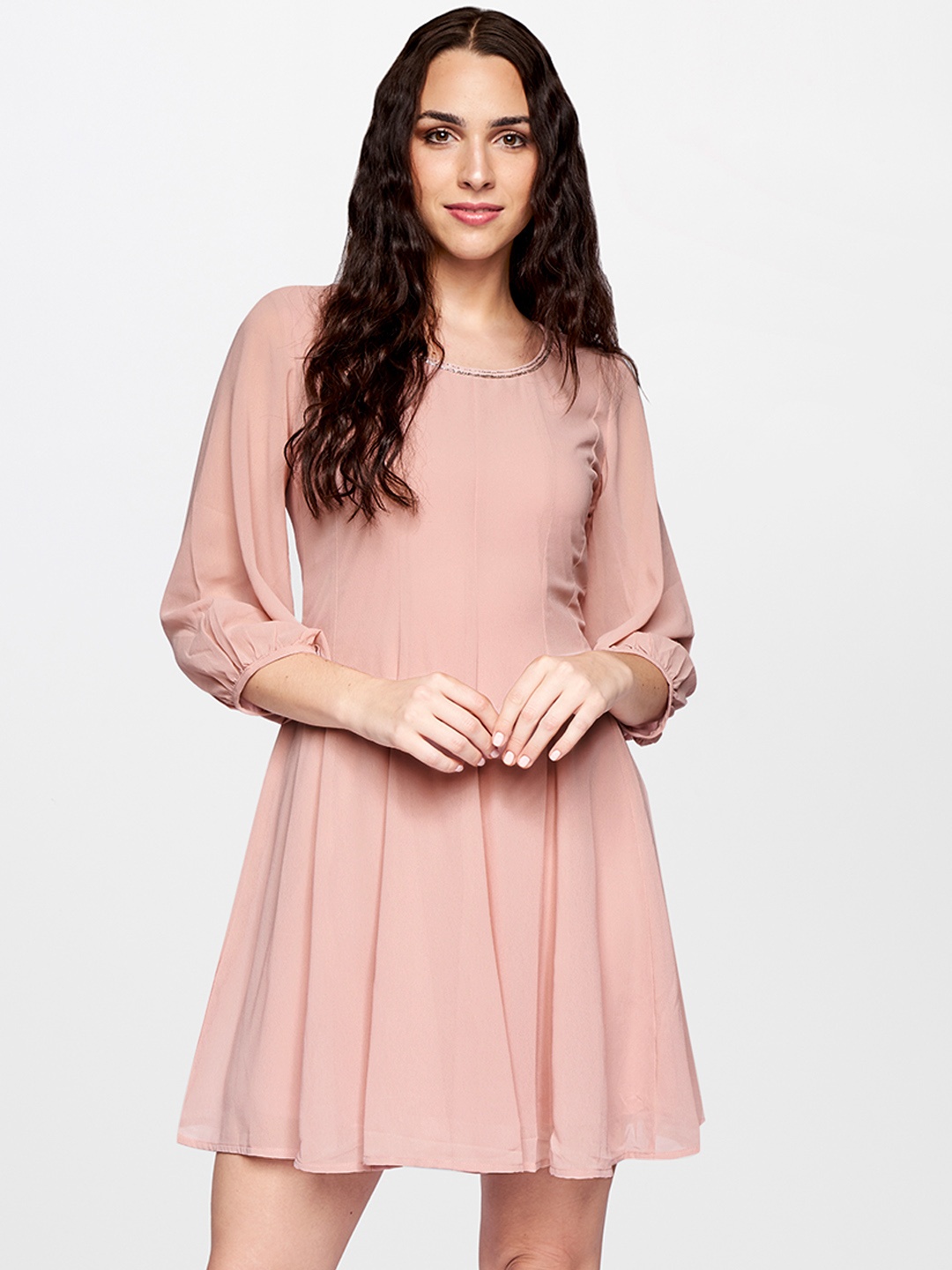 

AND Women Blush Pink Solid Jewel-Neck A-Line Pleated Dress