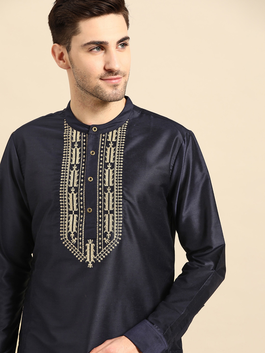 

Anouk Men Navy Blue & Golden Geometric Yoke Design Thread Work Kurta
