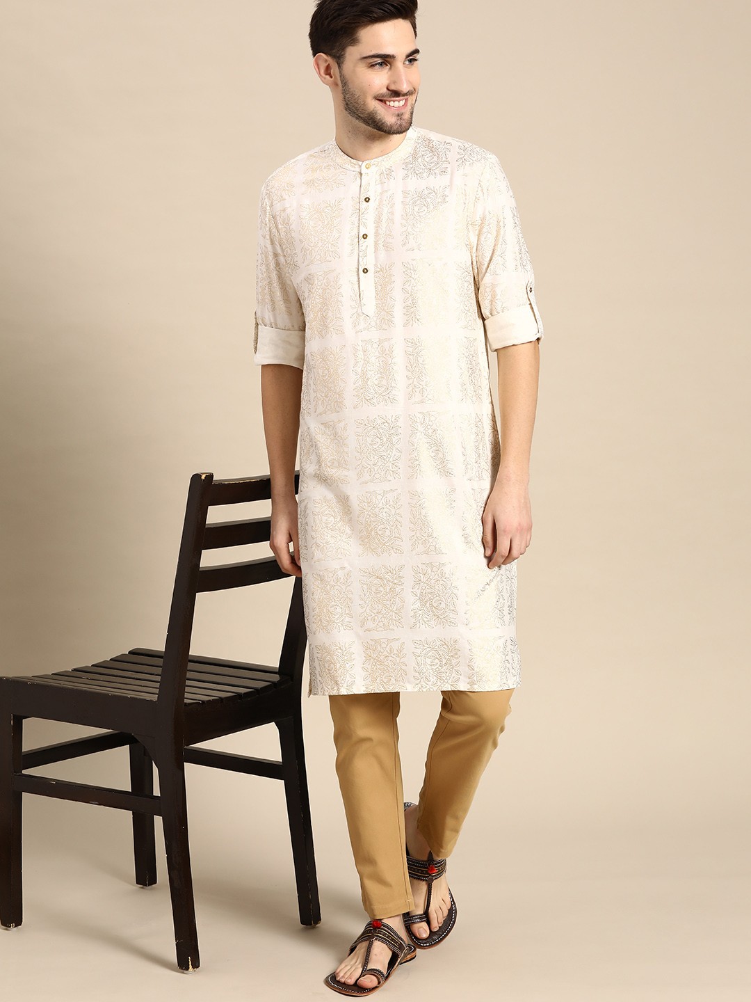 

Anouk Men White & Golden Ethnic Motifs Printed Kurta
