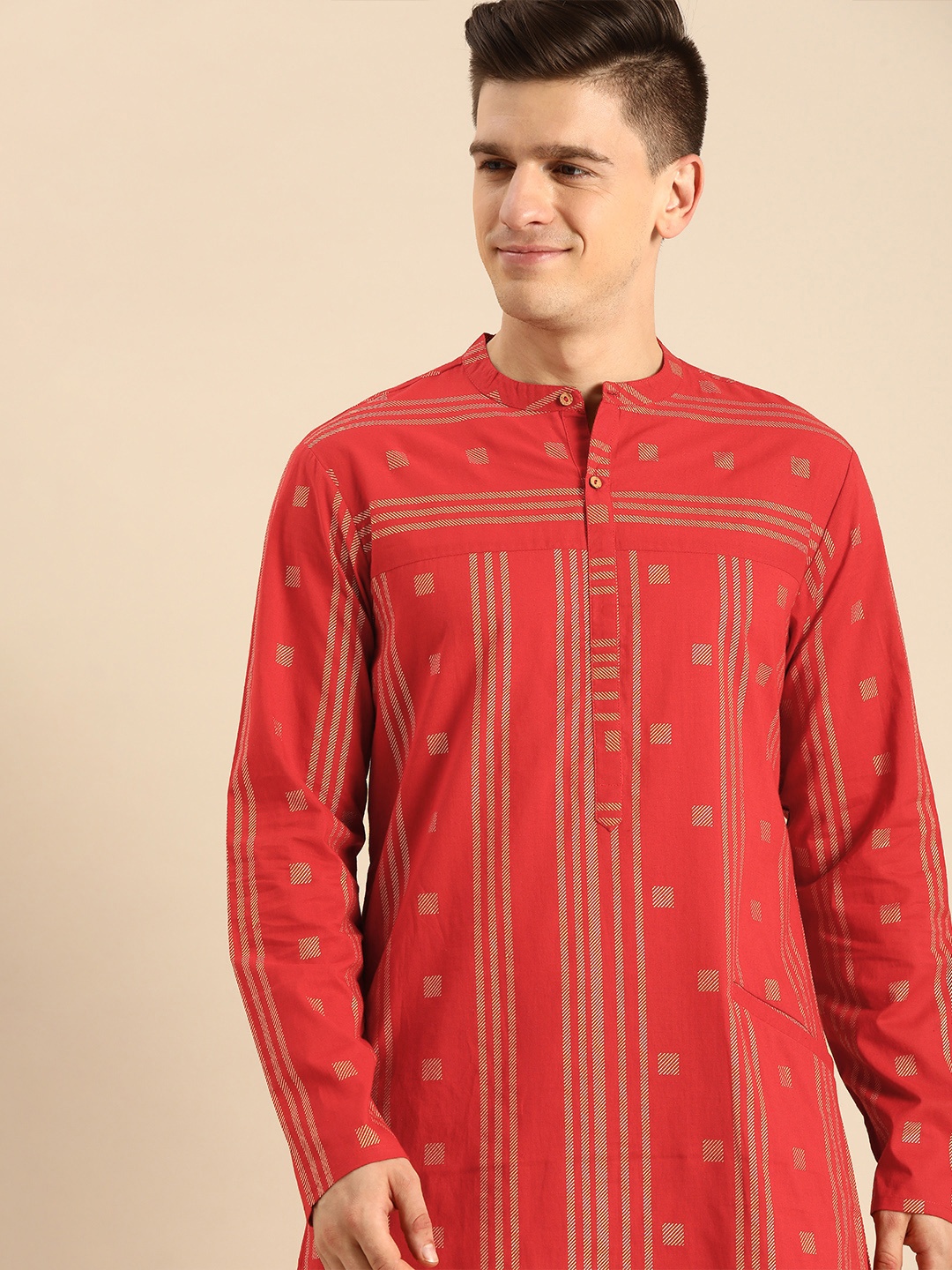 

Anouk Men Coral Red Geometric Print Cotton Kurta