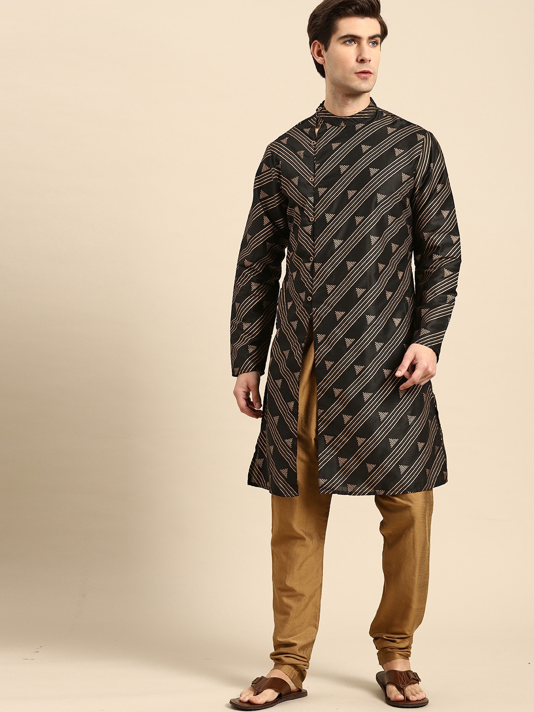 

Anouk Men Black & Golden Striped Kurta