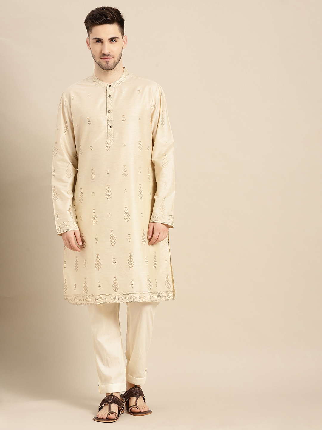 

Anouk Men Beige & Golden Geometric Print Thread Work Straight Kurta