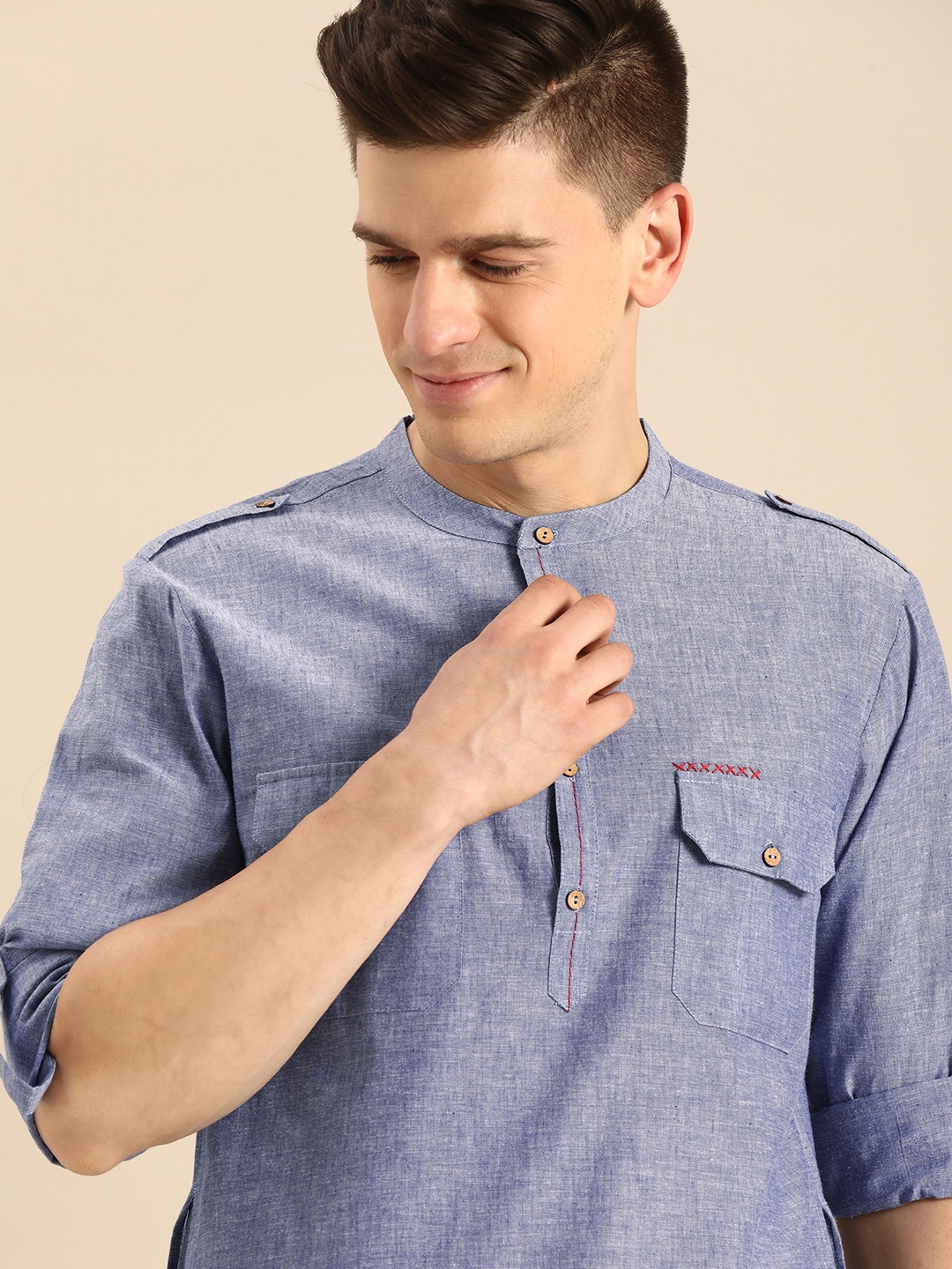 

Anouk Men Blue Solid Pure Cotton Kurta