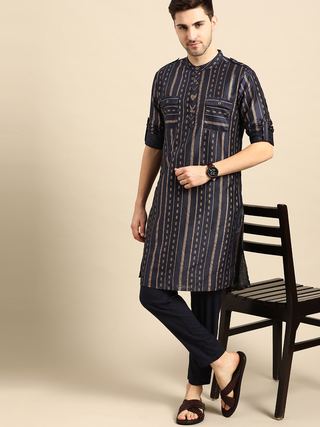 

Anouk Men Navy Blue & Golden Printed Band Neck Straight Kurta